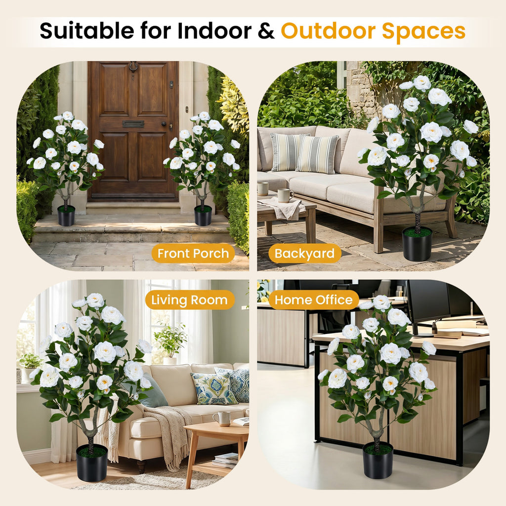 35.5-Inch Artificial Camellia Tree in Cement Pot - White, 2 Pack