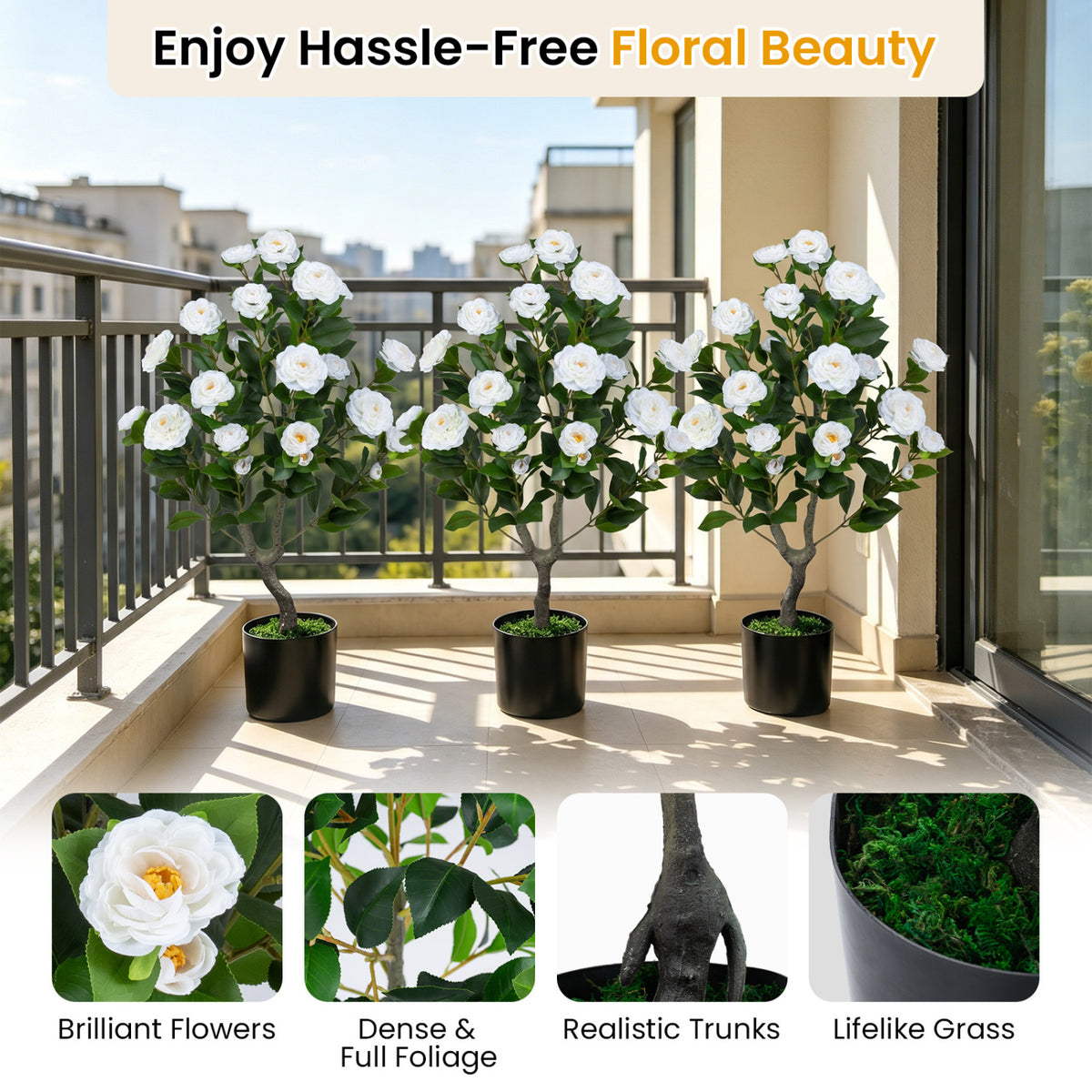 35.5-Inch Artificial Camellia Tree in Cement Pot - White, 2 Pack