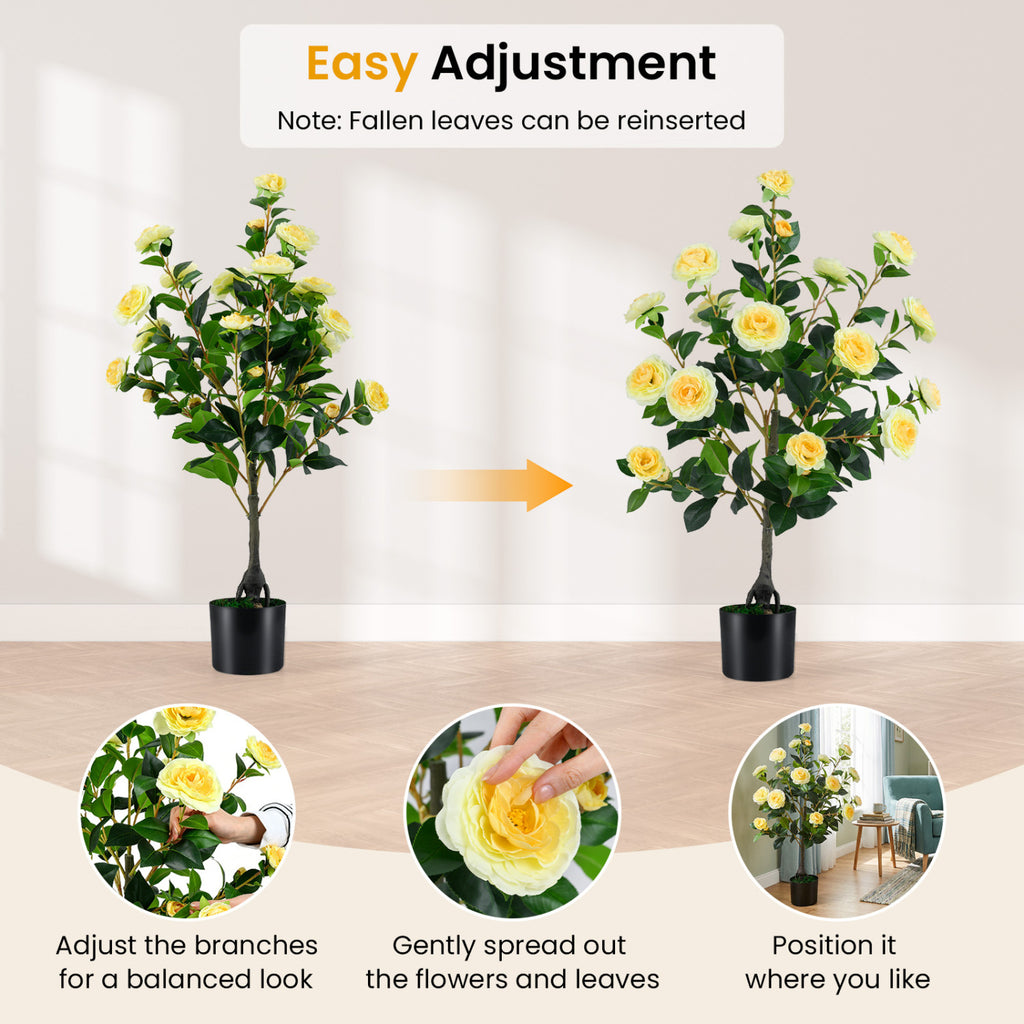 Artificial Camellia Tree 35.5 Inches - 2 Pack Faux Flower Plants in Cement Pots - Yellow Variation