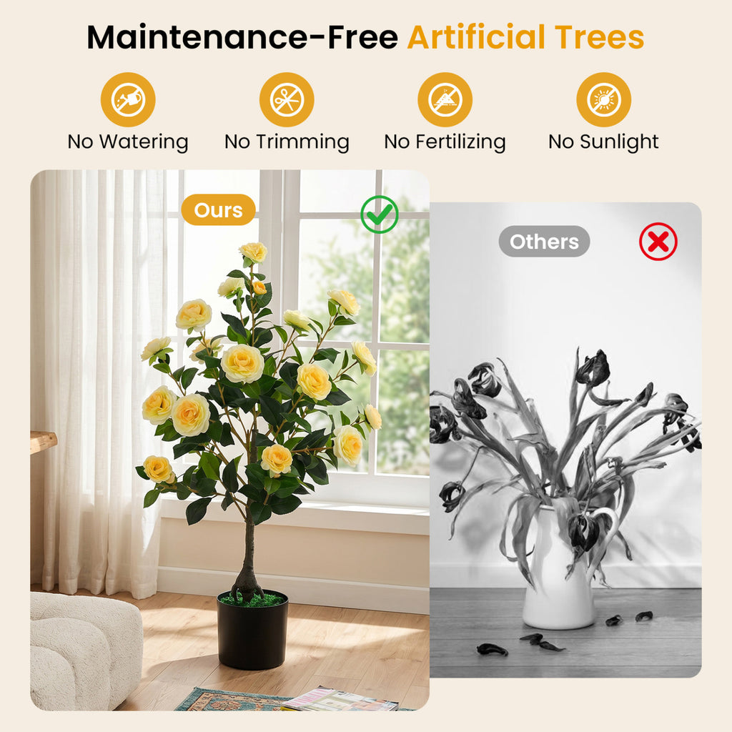 Artificial Camellia Tree 35.5 Inches - 2 Pack Faux Flower Plants in Cement Pots - Yellow Variation