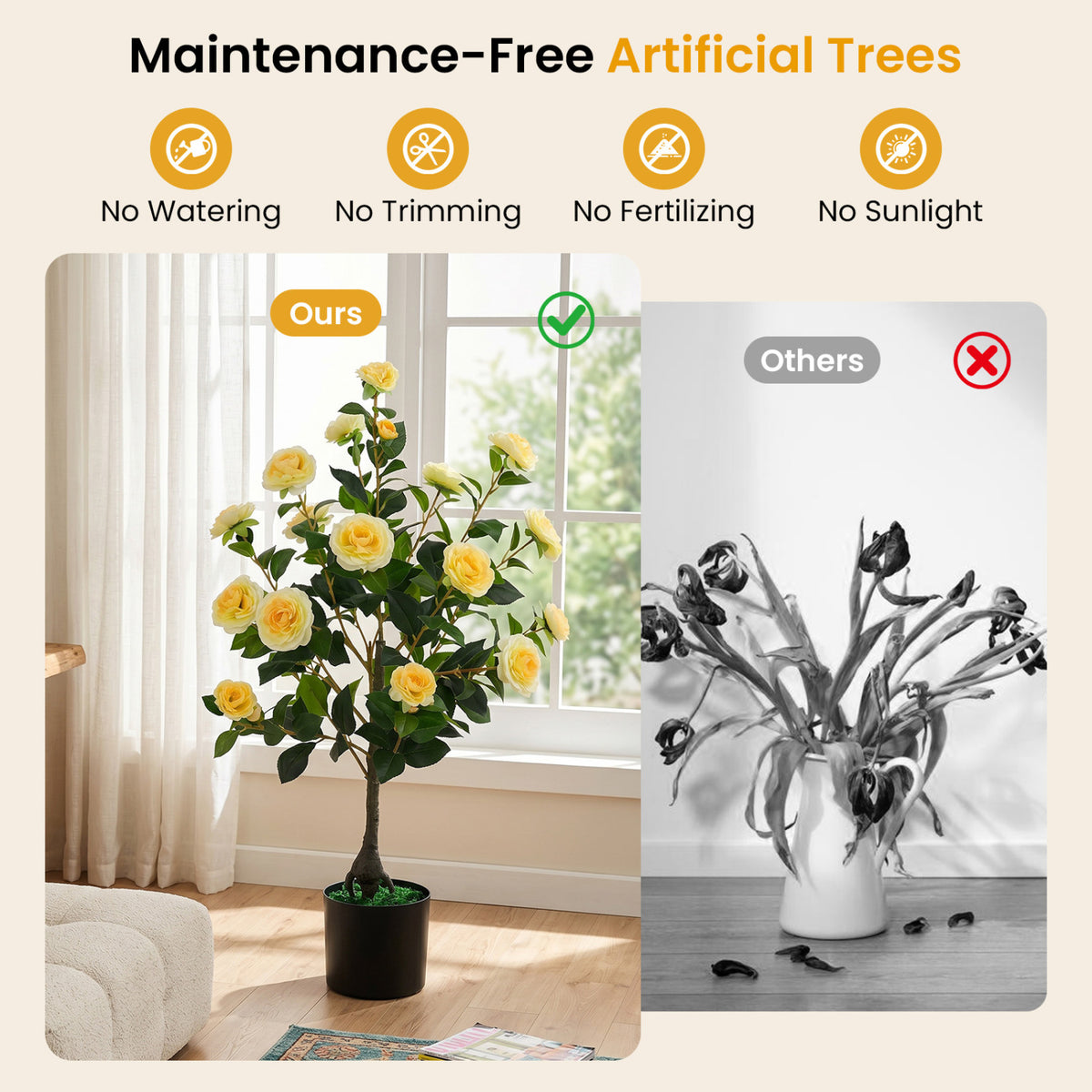 Artificial Camellia Tree 35.5 Inches - 2 Pack Faux Flower Plants in Cement Pots - Yellow Variation