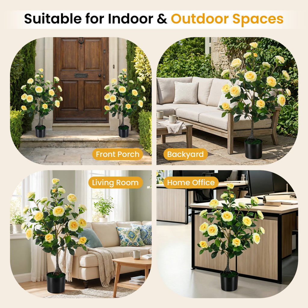 Artificial Camellia Tree 35.5 Inches - 2 Pack Faux Flower Plants in Cement Pots - Yellow Variation