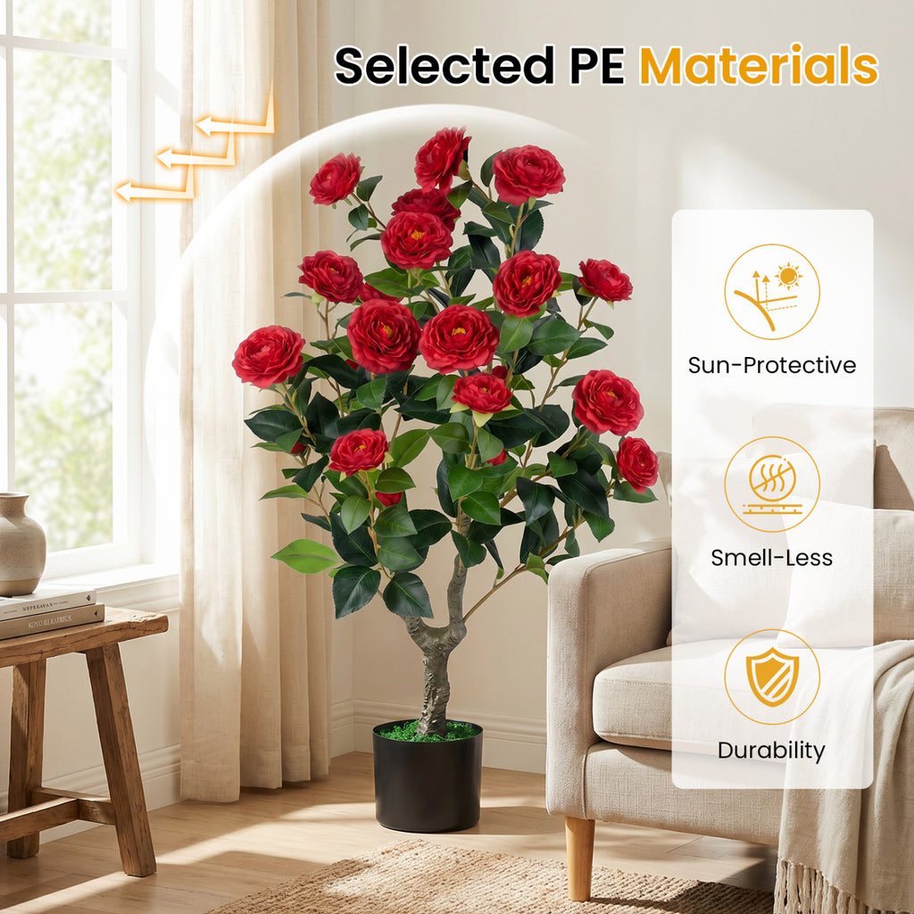 35.5-Inch Artificial Camellia Tree in Red with Cement-Filled Pot - 2 Pack