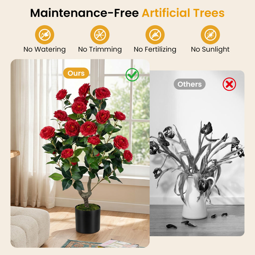 35.5-Inch Artificial Camellia Tree in Red with Cement-Filled Pot - 2 Pack