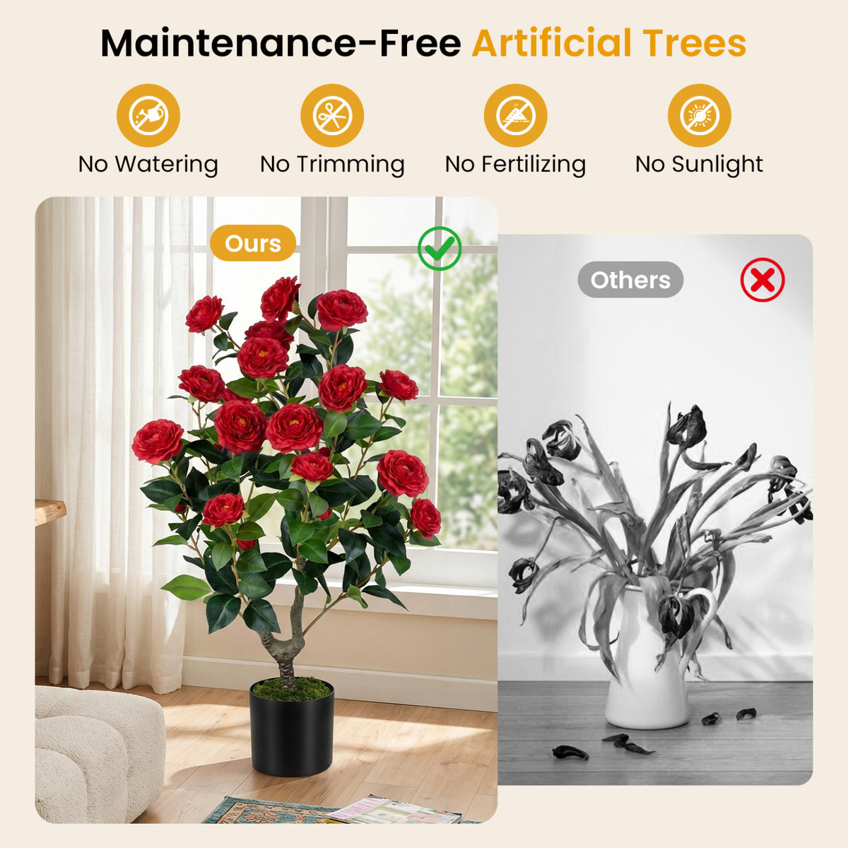 35.5-Inch Artificial Camellia Tree in Red with Cement-Filled Pot - 2 Pack