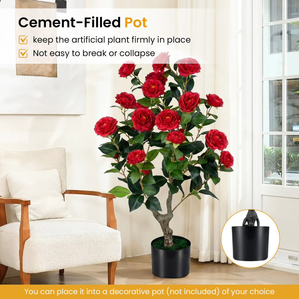 35.5-Inch Artificial Camellia Tree in Red with Cement-Filled Pot - 2 Pack