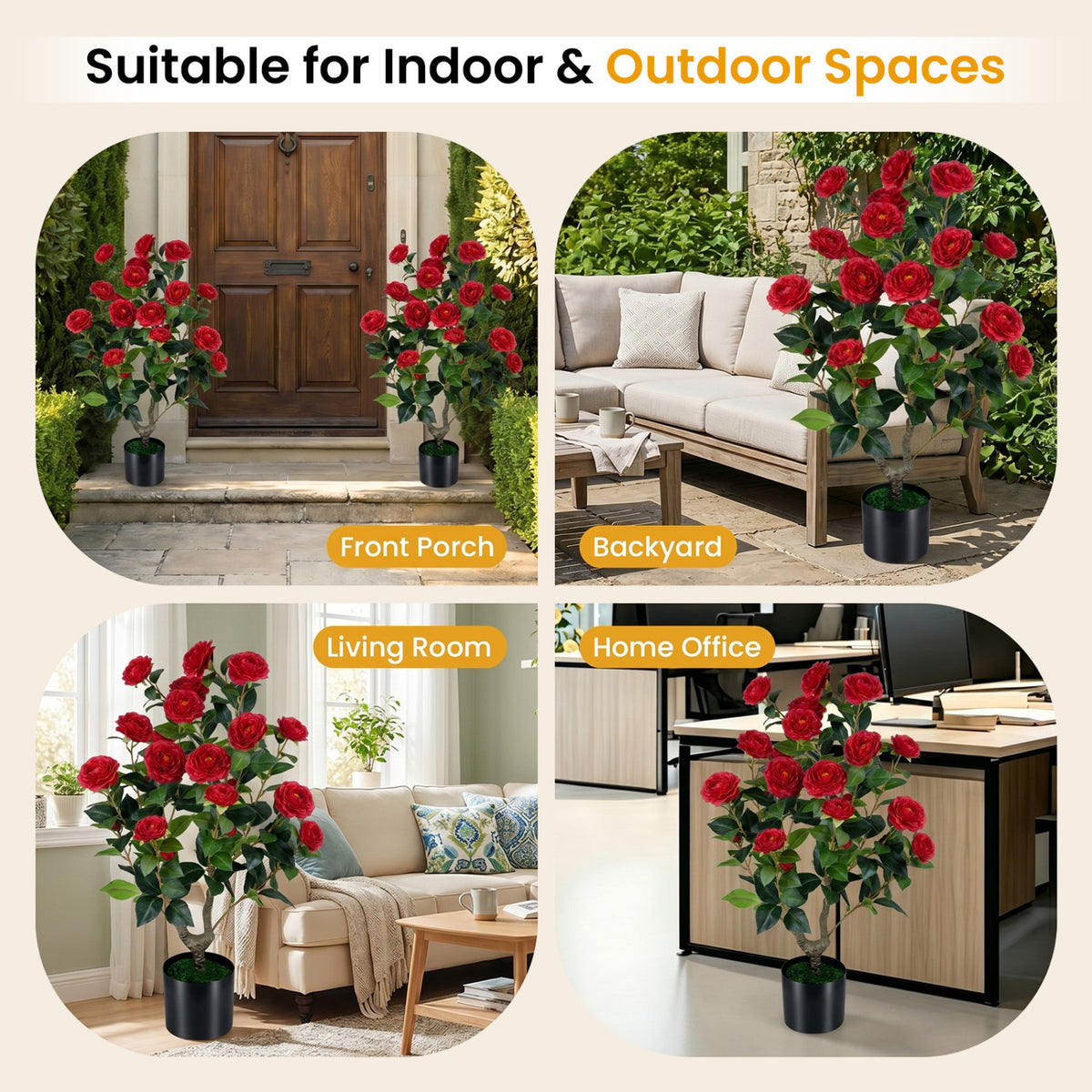35.5-Inch Artificial Camellia Tree in Red with Cement-Filled Pot - 2 Pack