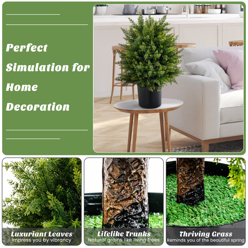 Artificial Cedar Topiary Ball Tree with Cement Pot - 22 Inch Height, Solid Pot, 2-Pack