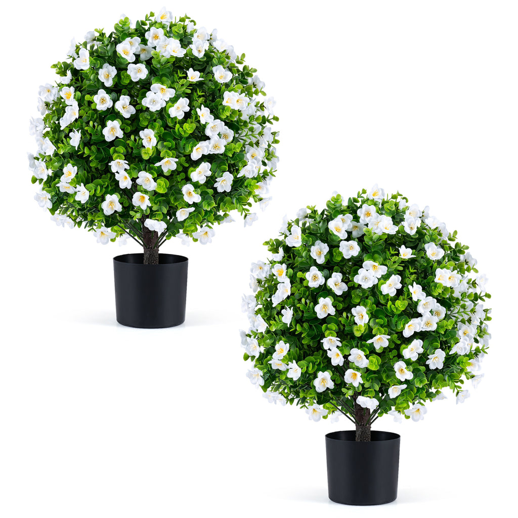 White Artificial Eucalyptus Topiary Trees with Flowers - 2 Pack for Home Decor