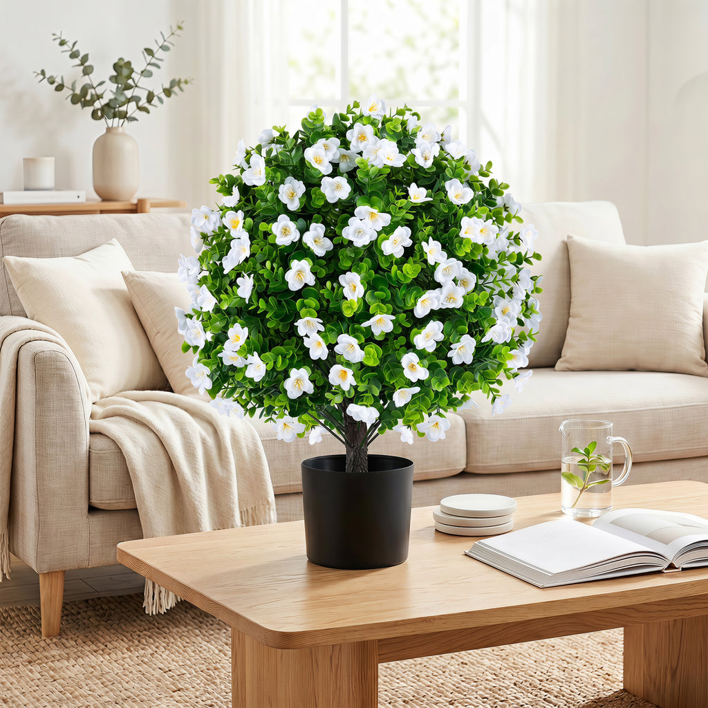 White Artificial Eucalyptus Topiary Trees with Flowers - 2 Pack for Home Decor