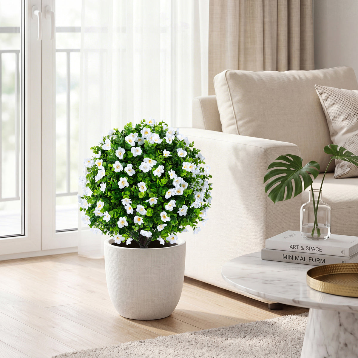 White Artificial Eucalyptus Topiary Trees with Flowers - 2 Pack for Home Decor