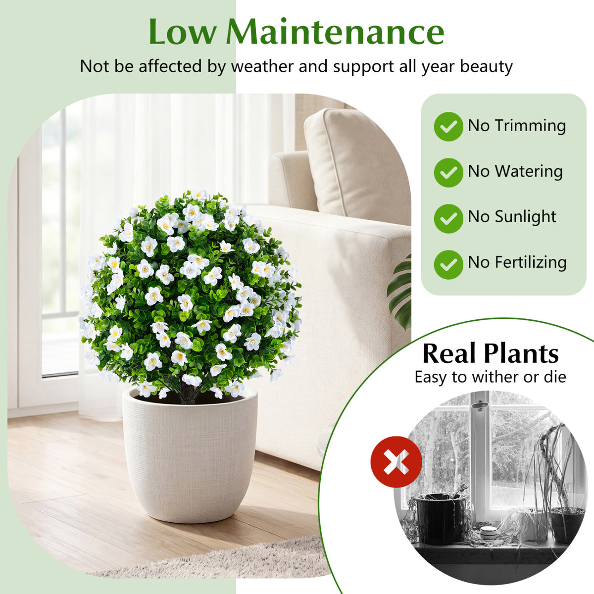 White Artificial Eucalyptus Topiary Trees with Flowers - 2 Pack for Home Decor