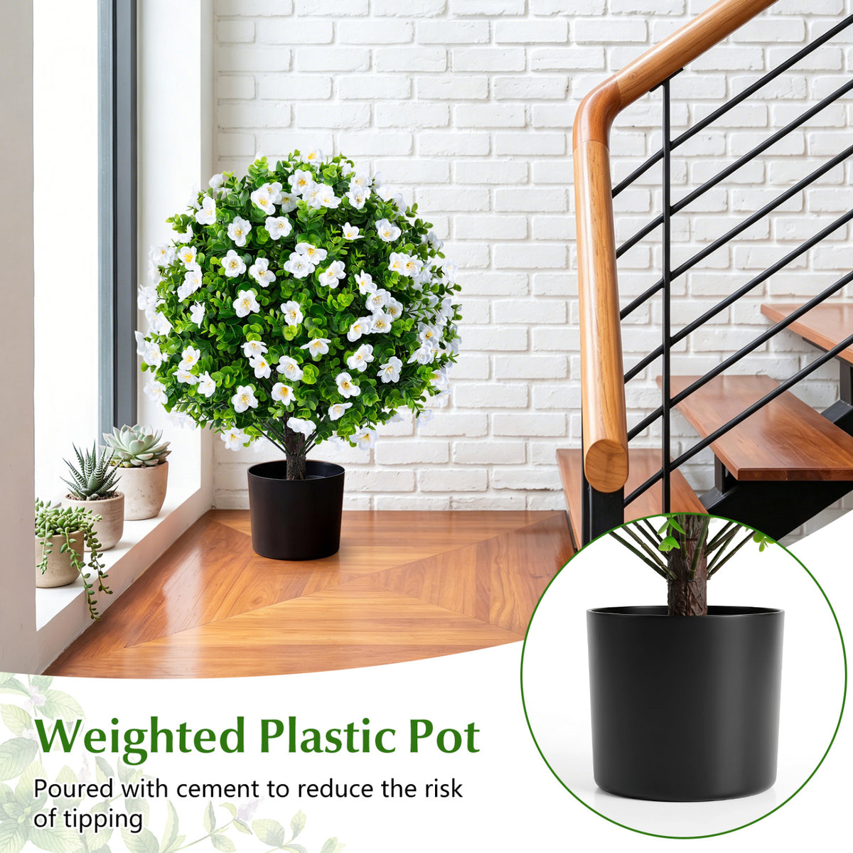 White Artificial Eucalyptus Topiary Trees with Flowers - 2 Pack for Home Decor