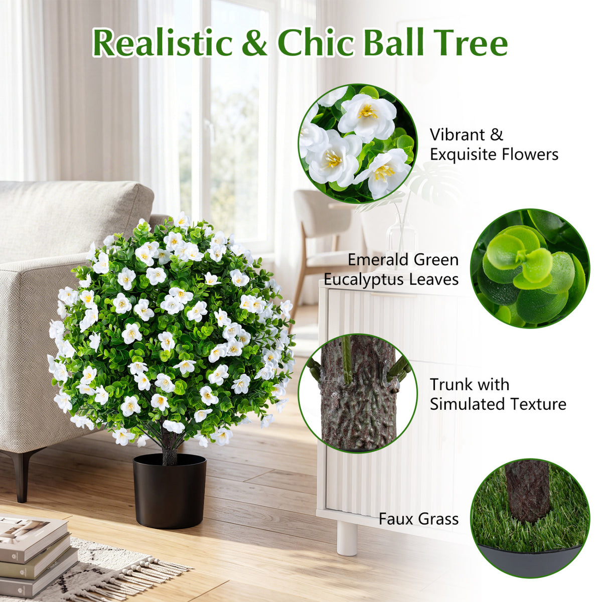 White Artificial Eucalyptus Topiary Trees with Flowers - 2 Pack for Home Decor