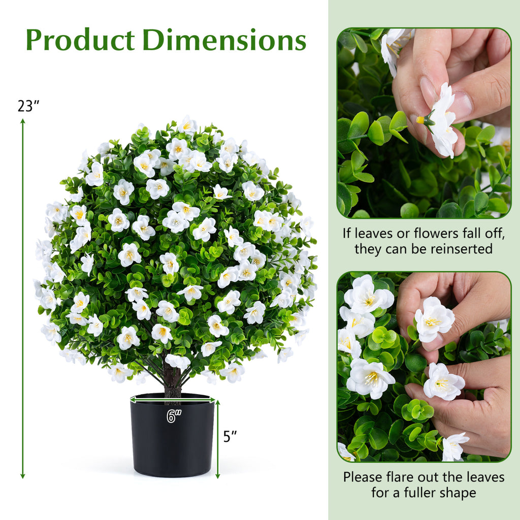 White Artificial Eucalyptus Topiary Trees with Flowers - 2 Pack for Home Decor