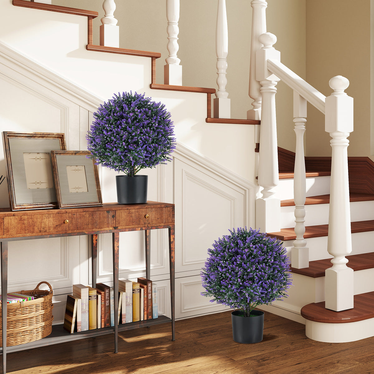 Artificial Lavender Topiary Ball Tree Set - Faux Shrubs with Flowers, Purple, 2 Pack