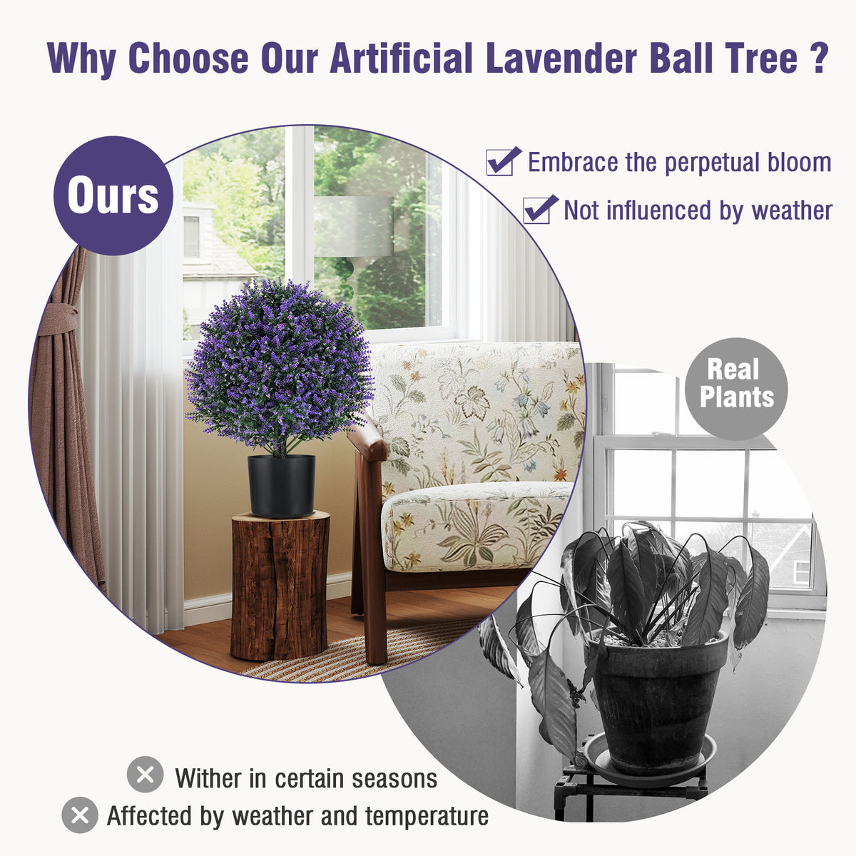 Artificial Lavender Topiary Ball Tree Set - Faux Shrubs with Flowers, Purple, 2 Pack
