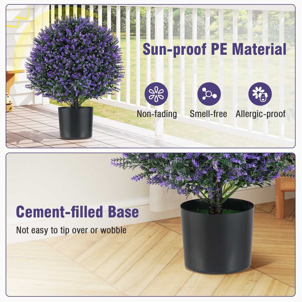 Artificial Lavender Topiary Ball Tree Set - Faux Shrubs with Flowers, Purple, 2 Pack