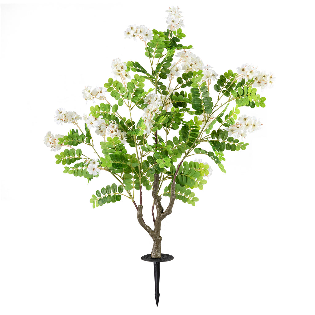 Artificial Locust Flower Trees White, 39 Inch Fake Evergreen Shrubs with Ground Spikes, 2 Pack