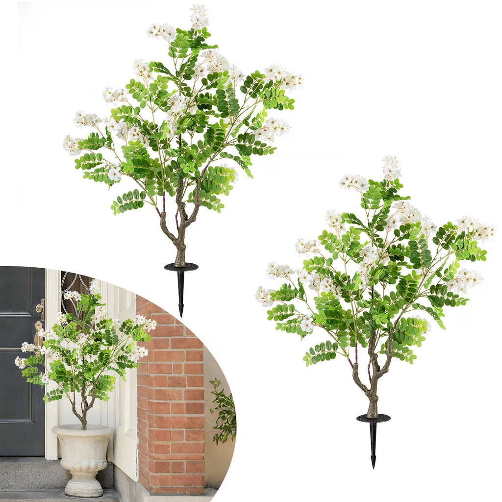 Artificial Locust Flower Trees White, 39 Inch Fake Evergreen Shrubs with Ground Spikes, 2 Pack