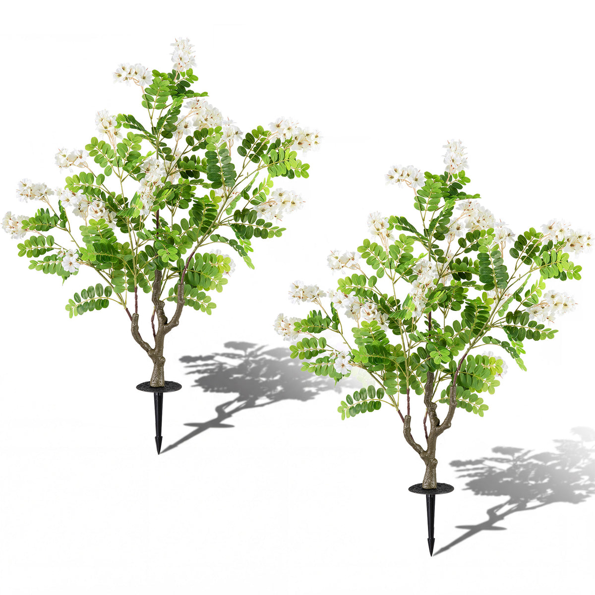 Artificial Locust Flower Trees White, 39 Inch Fake Evergreen Shrubs with Ground Spikes, 2 Pack