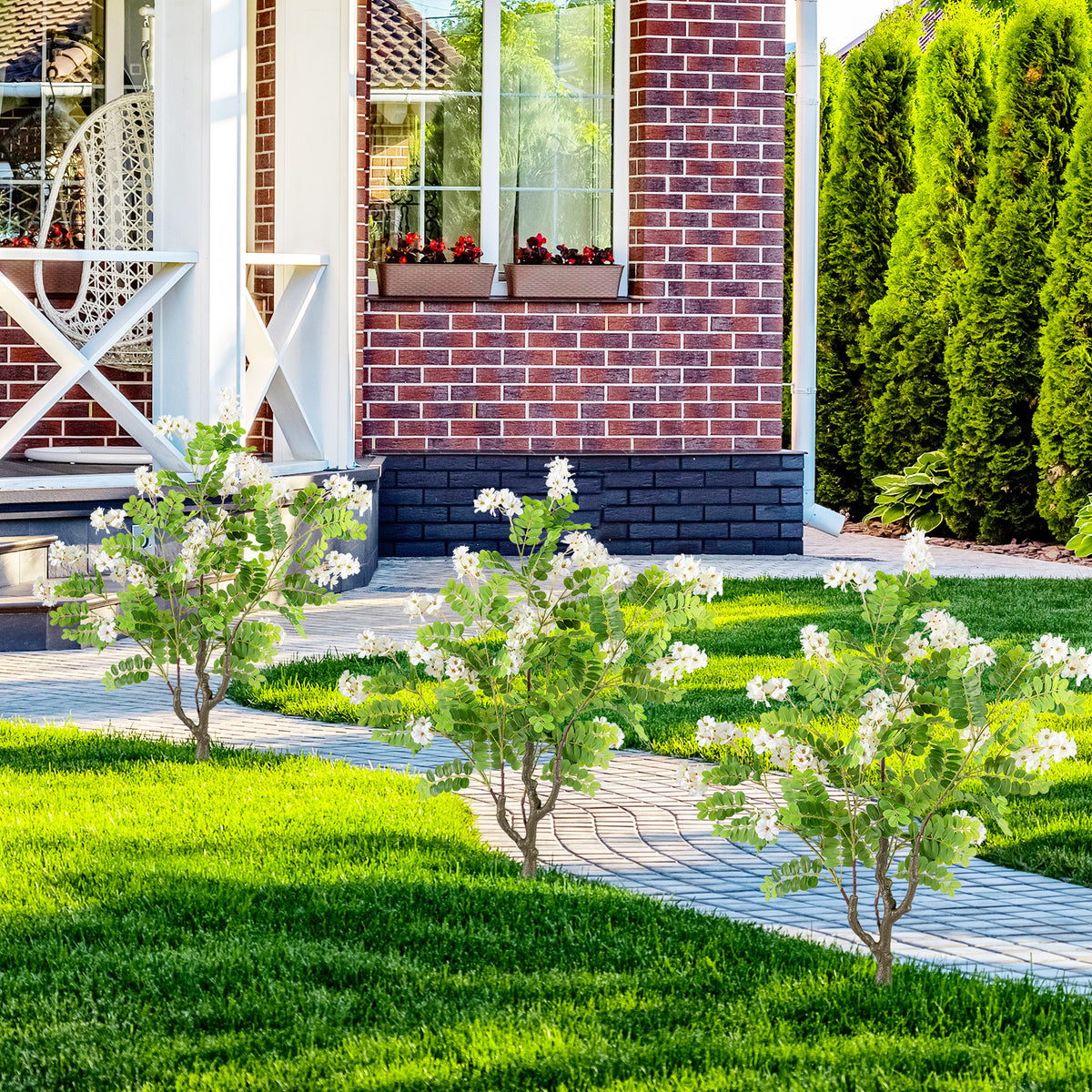 Artificial Locust Flower Trees White, 39 Inch Fake Evergreen Shrubs with Ground Spikes, 2 Pack