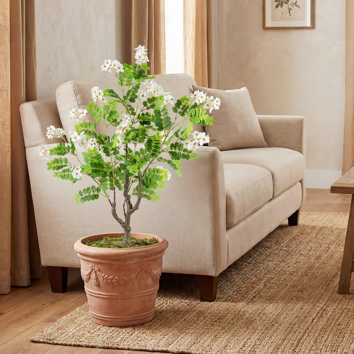 Artificial Locust Flower Trees White, 39 Inch Fake Evergreen Shrubs with Ground Spikes, 2 Pack