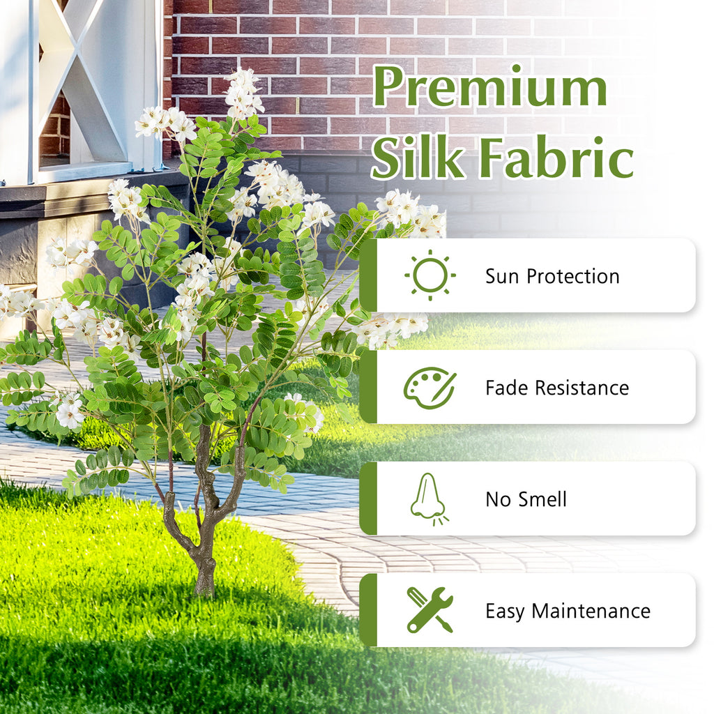 Artificial Locust Flower Trees White, 39 Inch Fake Evergreen Shrubs with Ground Spikes, 2 Pack