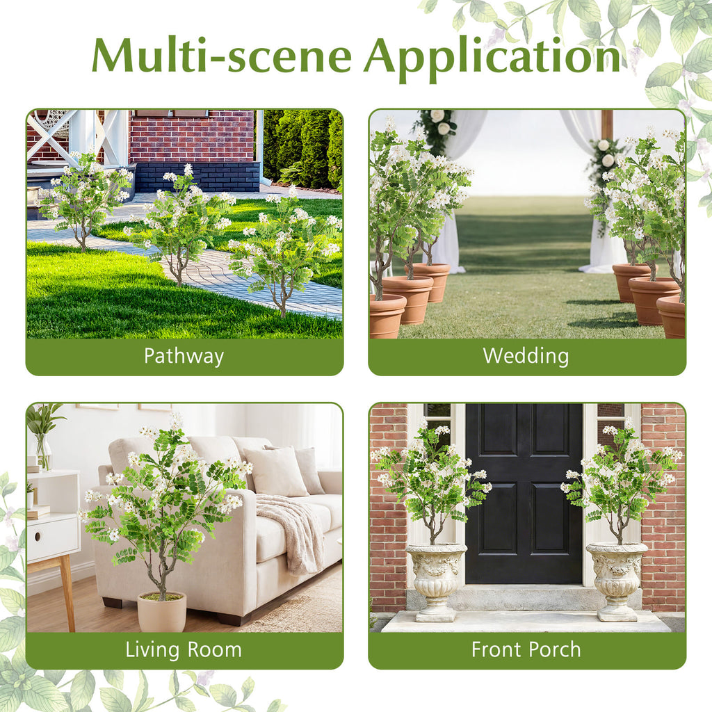 Artificial Locust Flower Trees White, 39 Inch Fake Evergreen Shrubs with Ground Spikes, 2 Pack