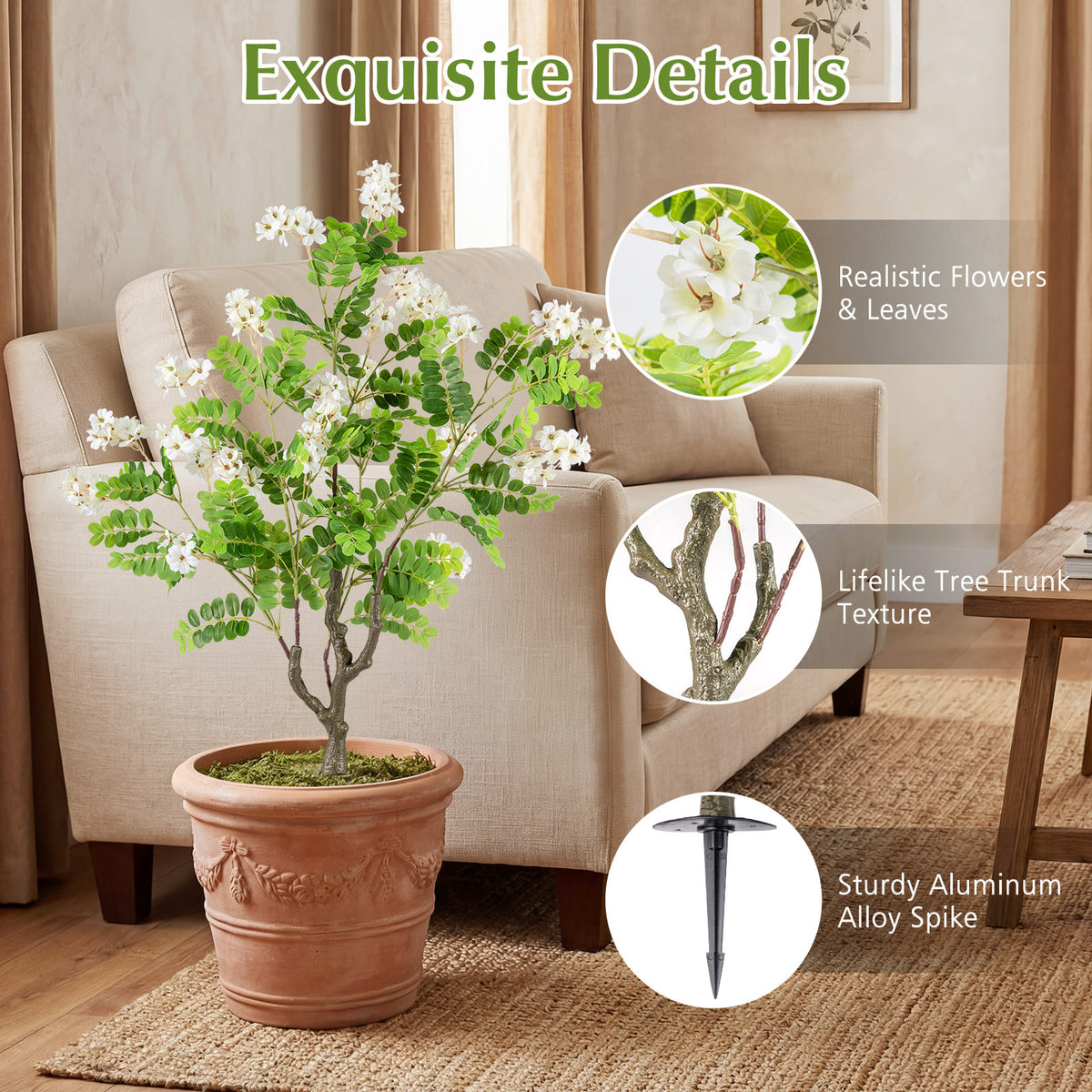 Artificial Locust Flower Trees White, 39 Inch Fake Evergreen Shrubs with Ground Spikes, 2 Pack