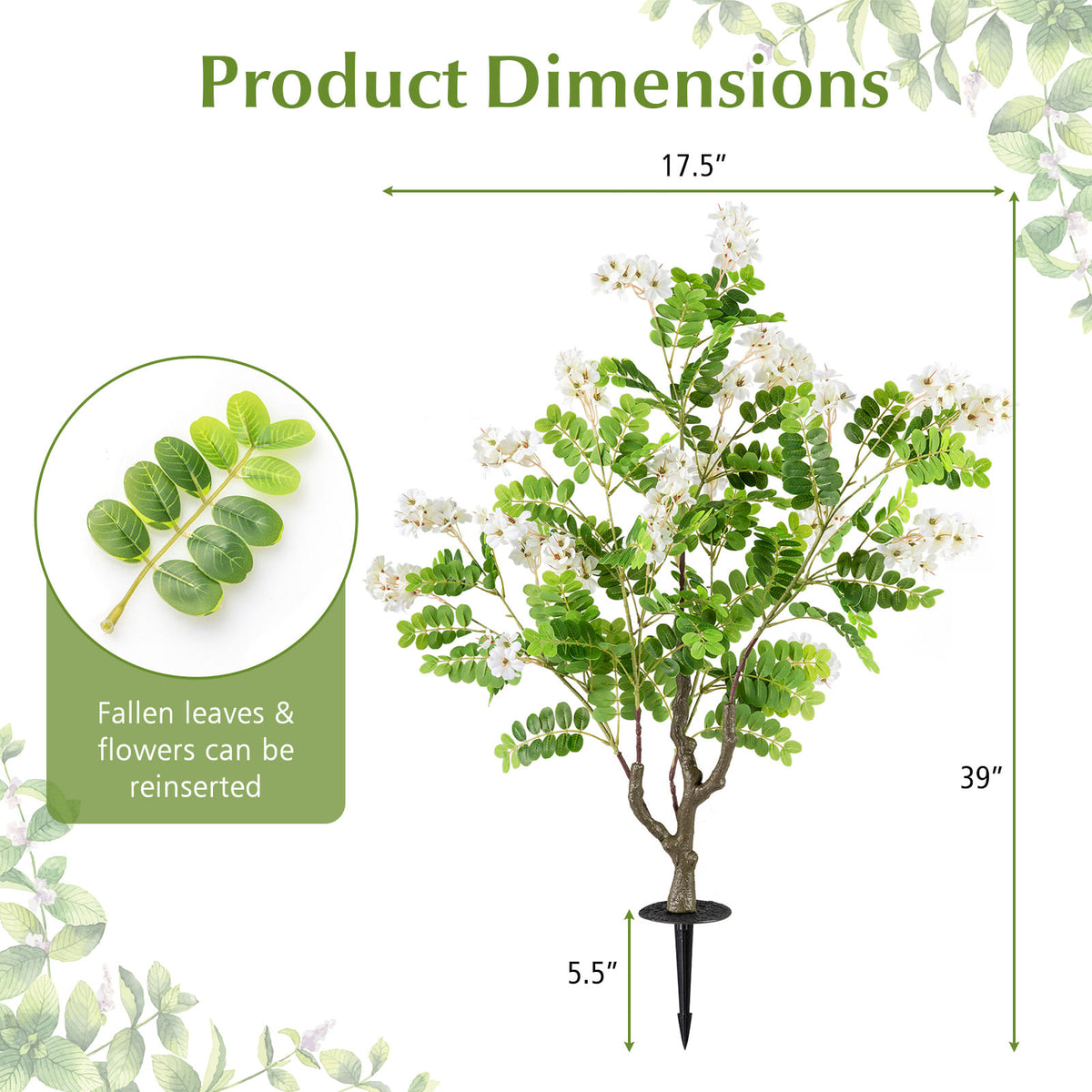 Artificial Locust Flower Trees White, 39 Inch Fake Evergreen Shrubs with Ground Spikes, 2 Pack