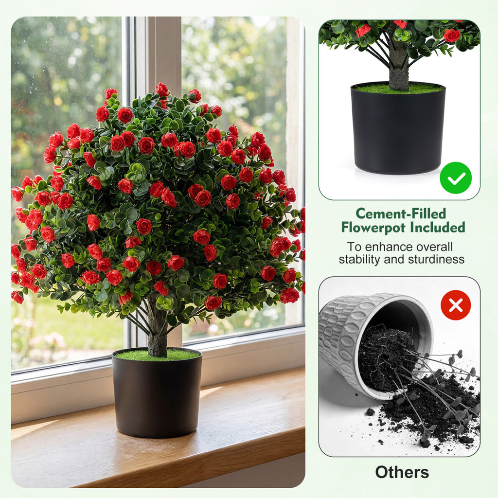 Artificial Rose Topiary Ball Trees with Cement-Filled Flowerpot - 2 Pack