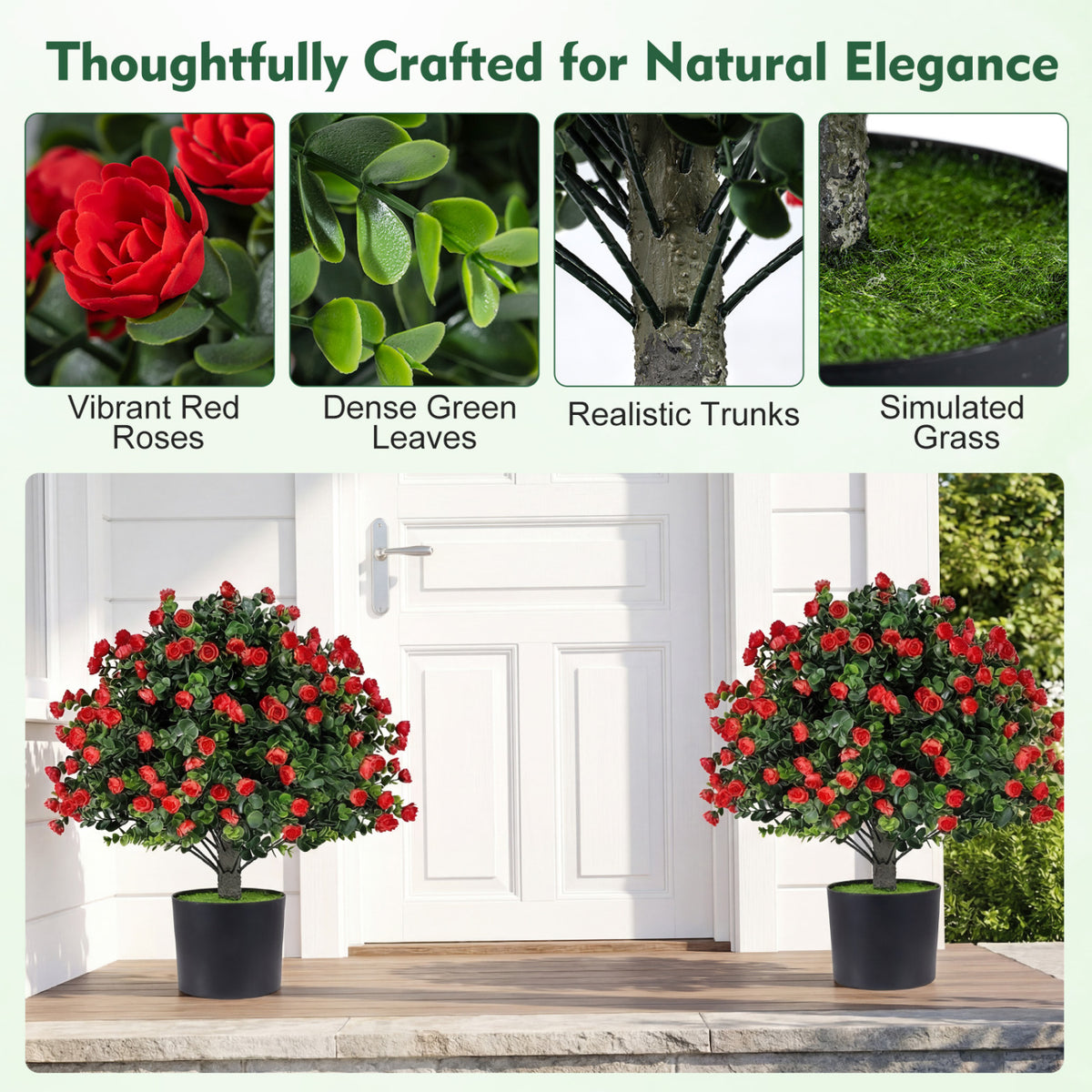 Artificial Rose Topiary Ball Trees with Cement-Filled Flowerpot - 2 Pack