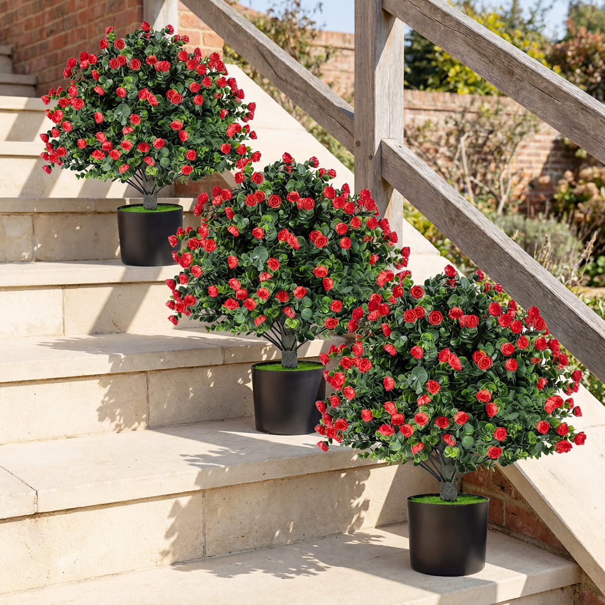 Artificial Rose Topiary Ball Trees with Cement-Filled Flowerpot - 2 Pack