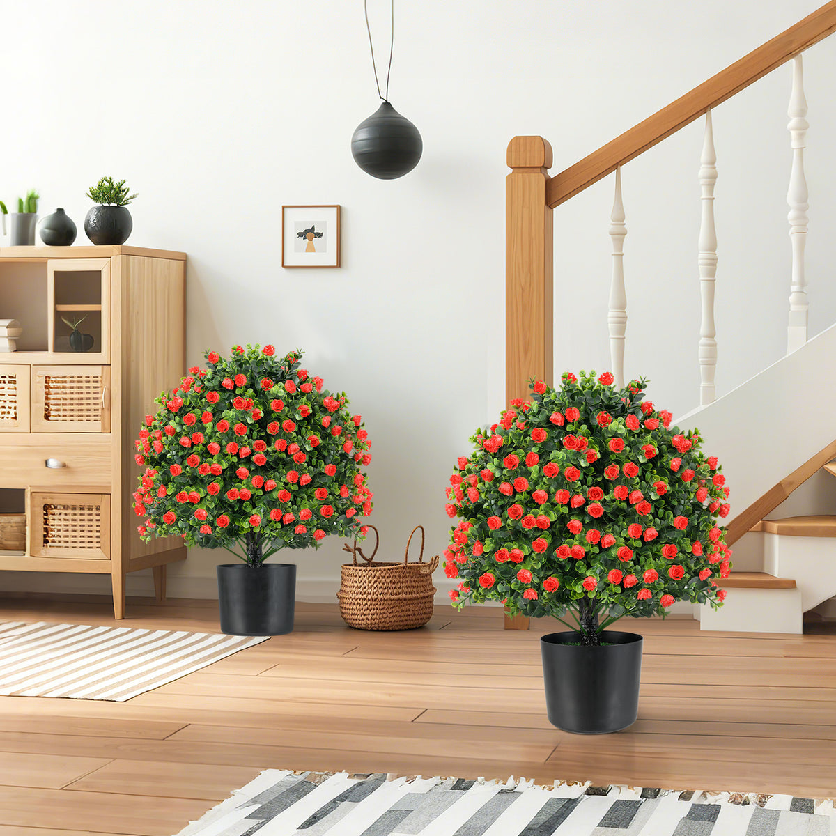 Artificial Rose Topiary Ball Tree - Faux Shrubs with Red Roses, 2 Pack