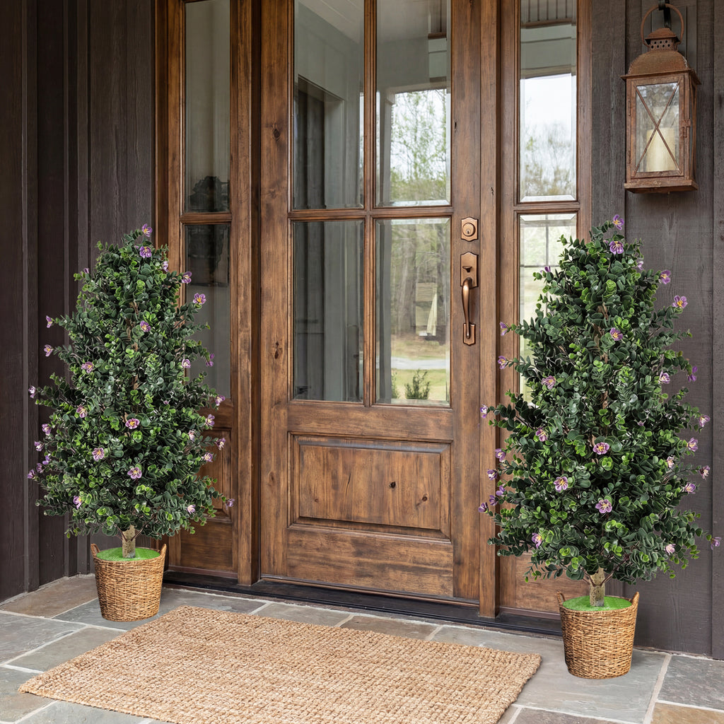 Artificial Topiary Cone Tree with Purple Flowers - Faux Potted Shrub Set of 2