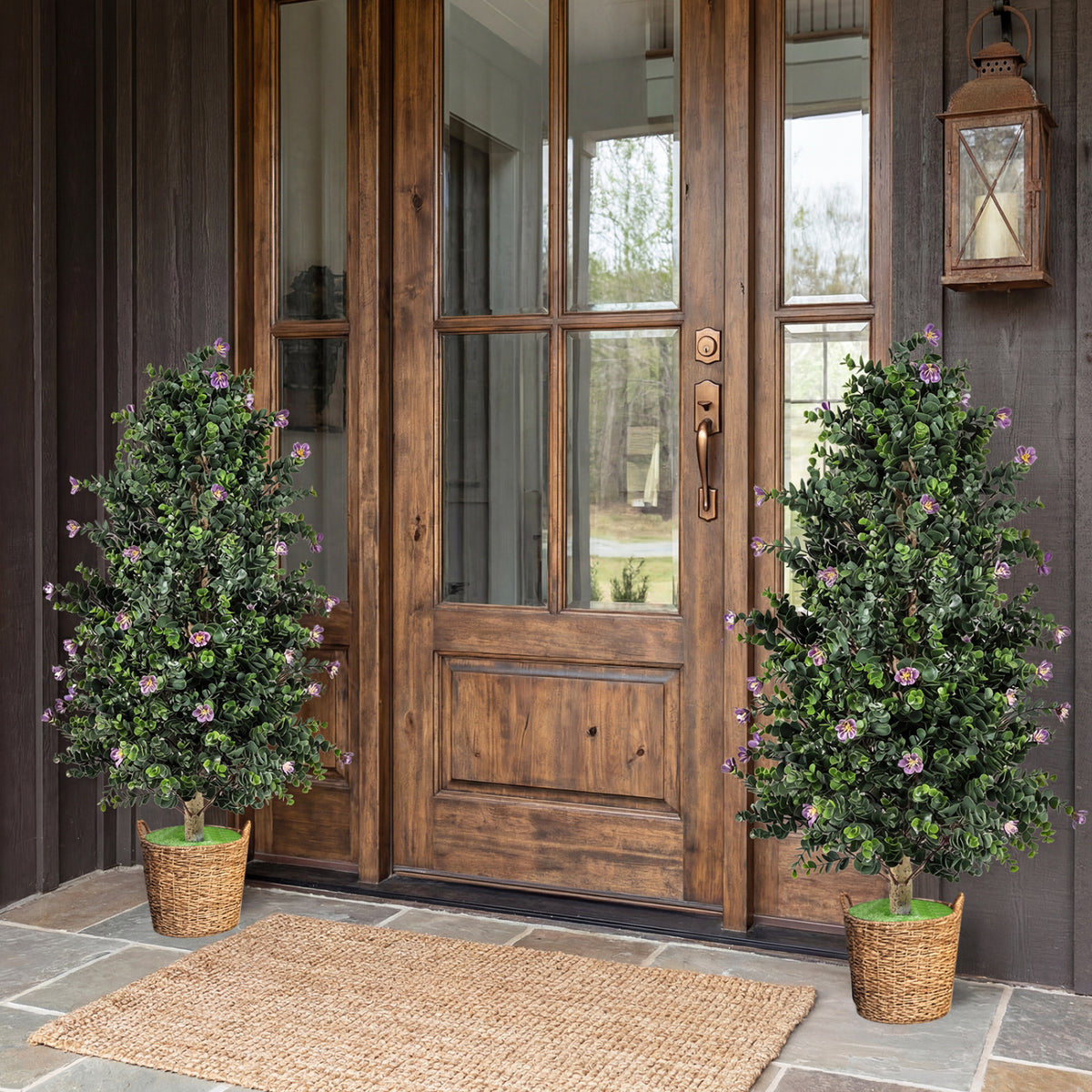 Artificial Topiary Cone Tree with Purple Flowers - Faux Potted Shrub Set of 2