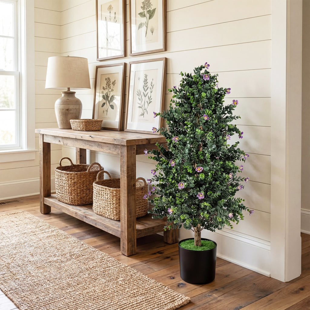Artificial Topiary Cone Tree with Purple Flowers - Faux Potted Shrub Set of 2