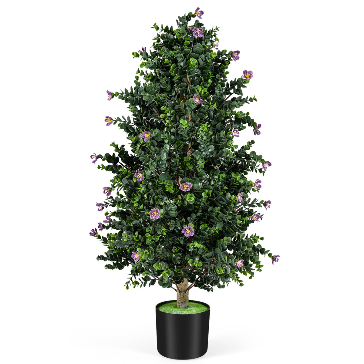 Artificial Topiary Cone Tree with Purple Flowers - Faux Potted Shrub Set of 2