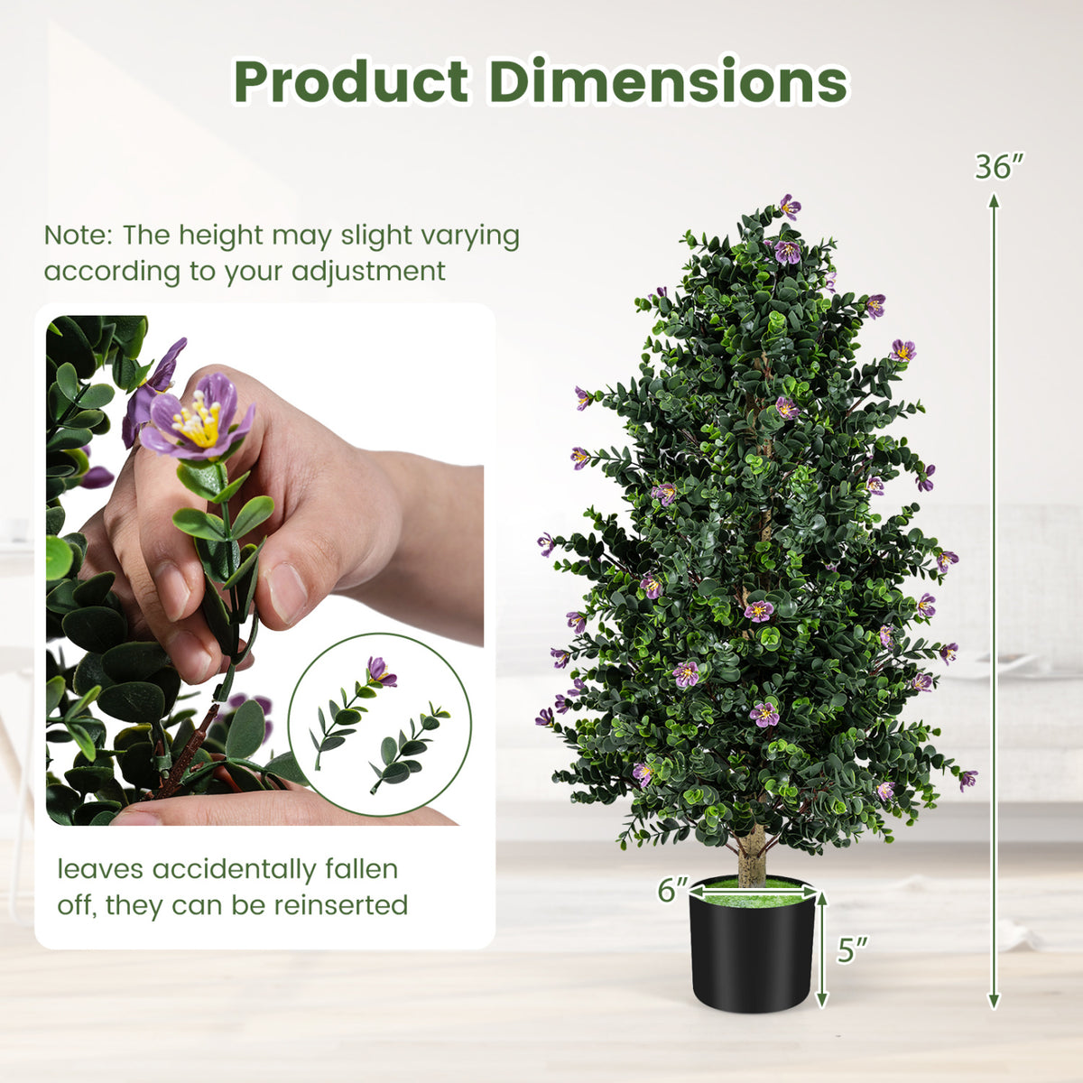 Artificial Topiary Cone Tree with Purple Flowers - Faux Potted Shrub Set of 2
