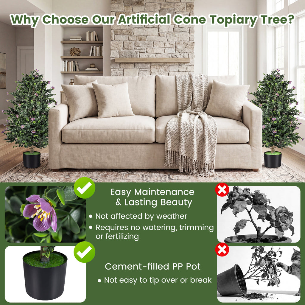 Artificial Topiary Cone Tree with Purple Flowers - Faux Potted Shrub Set of 2