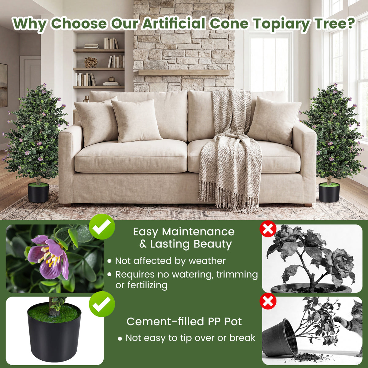 Artificial Topiary Cone Tree with Purple Flowers - Faux Potted Shrub Set of 2