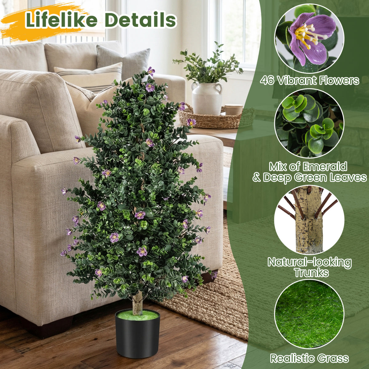 Artificial Topiary Cone Tree with Purple Flowers - Faux Potted Shrub Set of 2