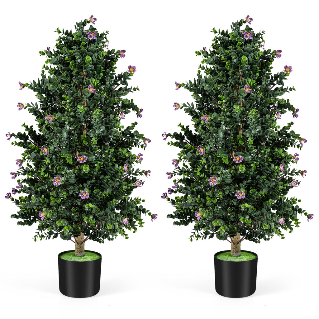 Artificial Topiary Cone Tree with Purple Flowers - Faux Potted Shrub Set of 2