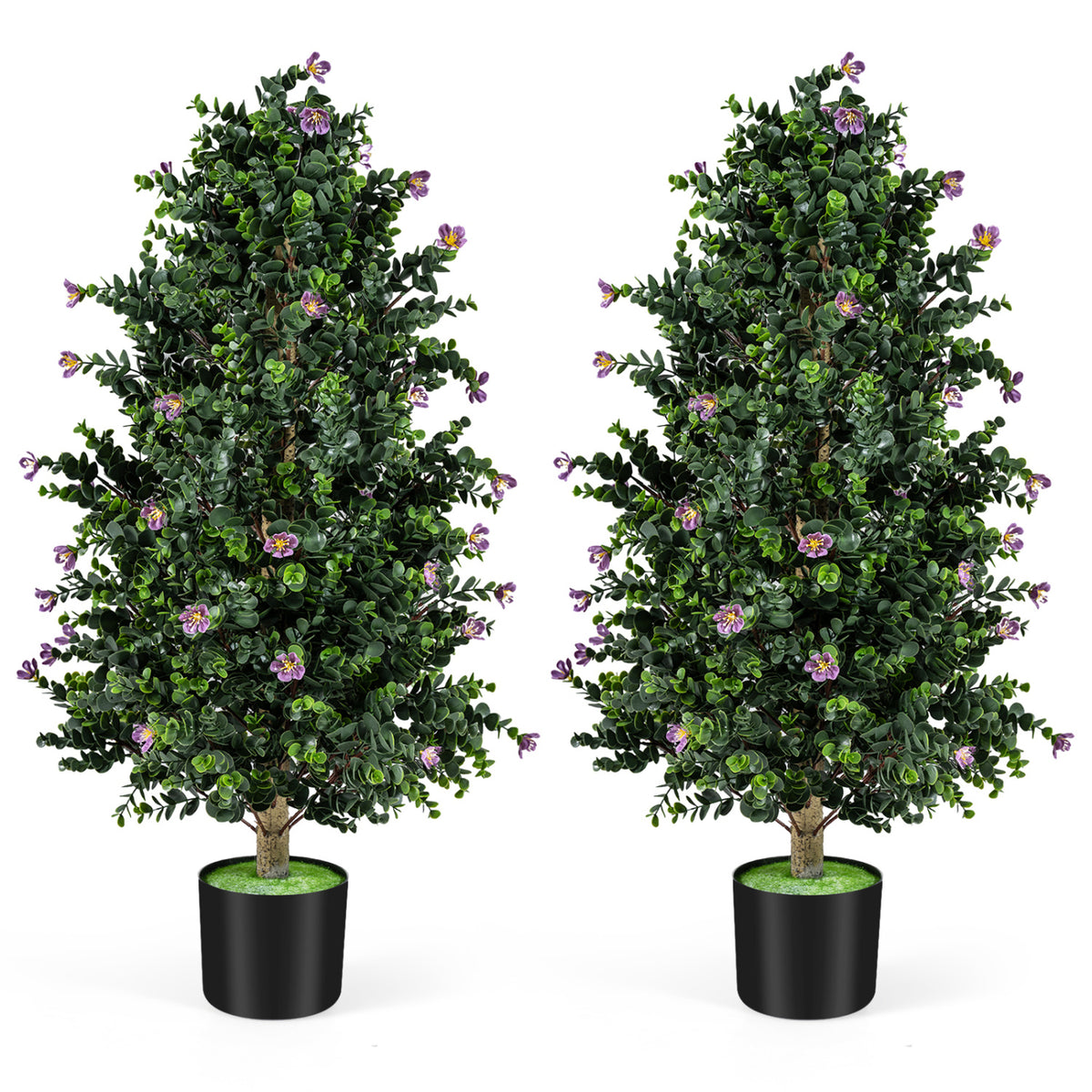 Artificial Topiary Cone Tree with Purple Flowers - Faux Potted Shrub Set of 2