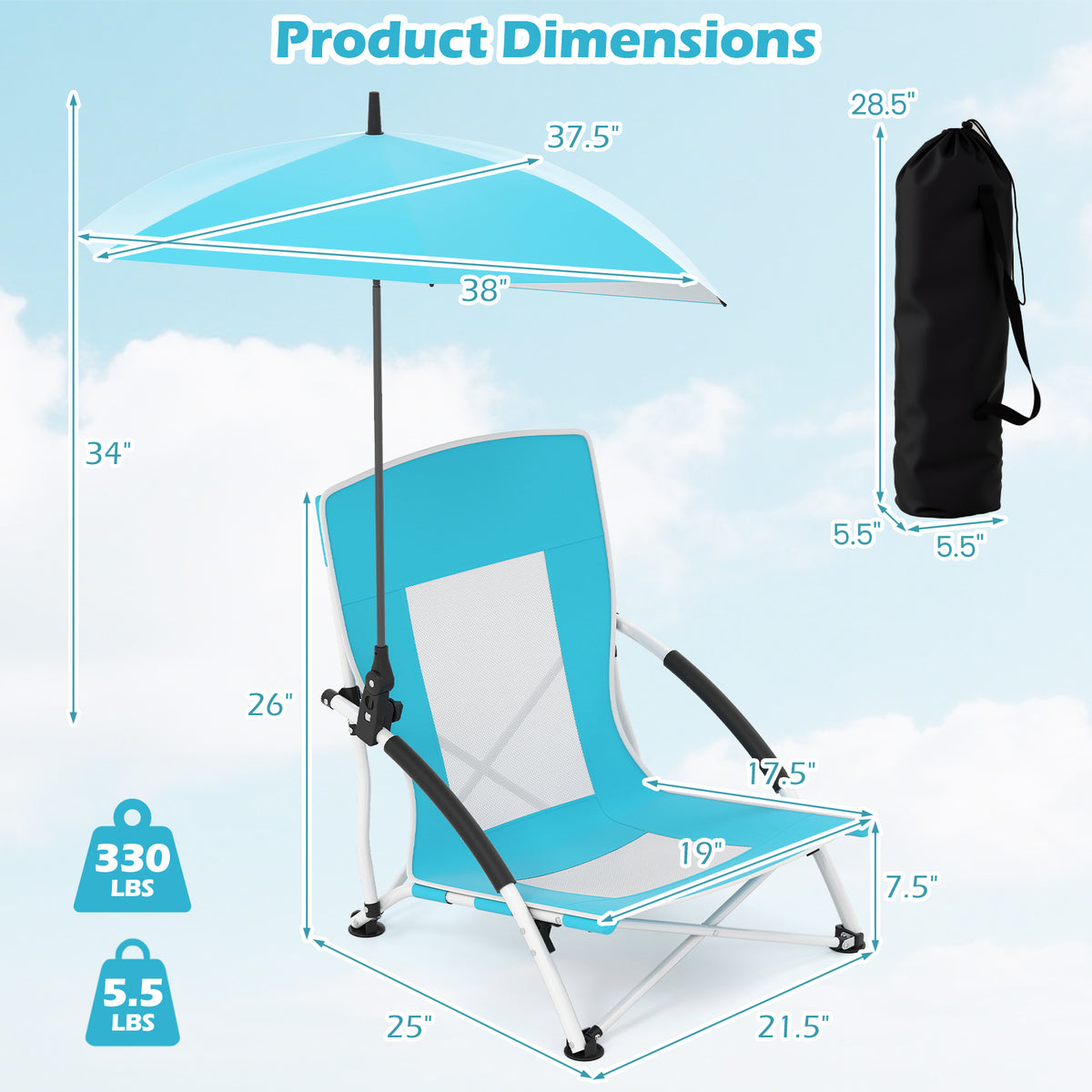Beach Umbrella Chair with UPF50+ Parasol - Blue