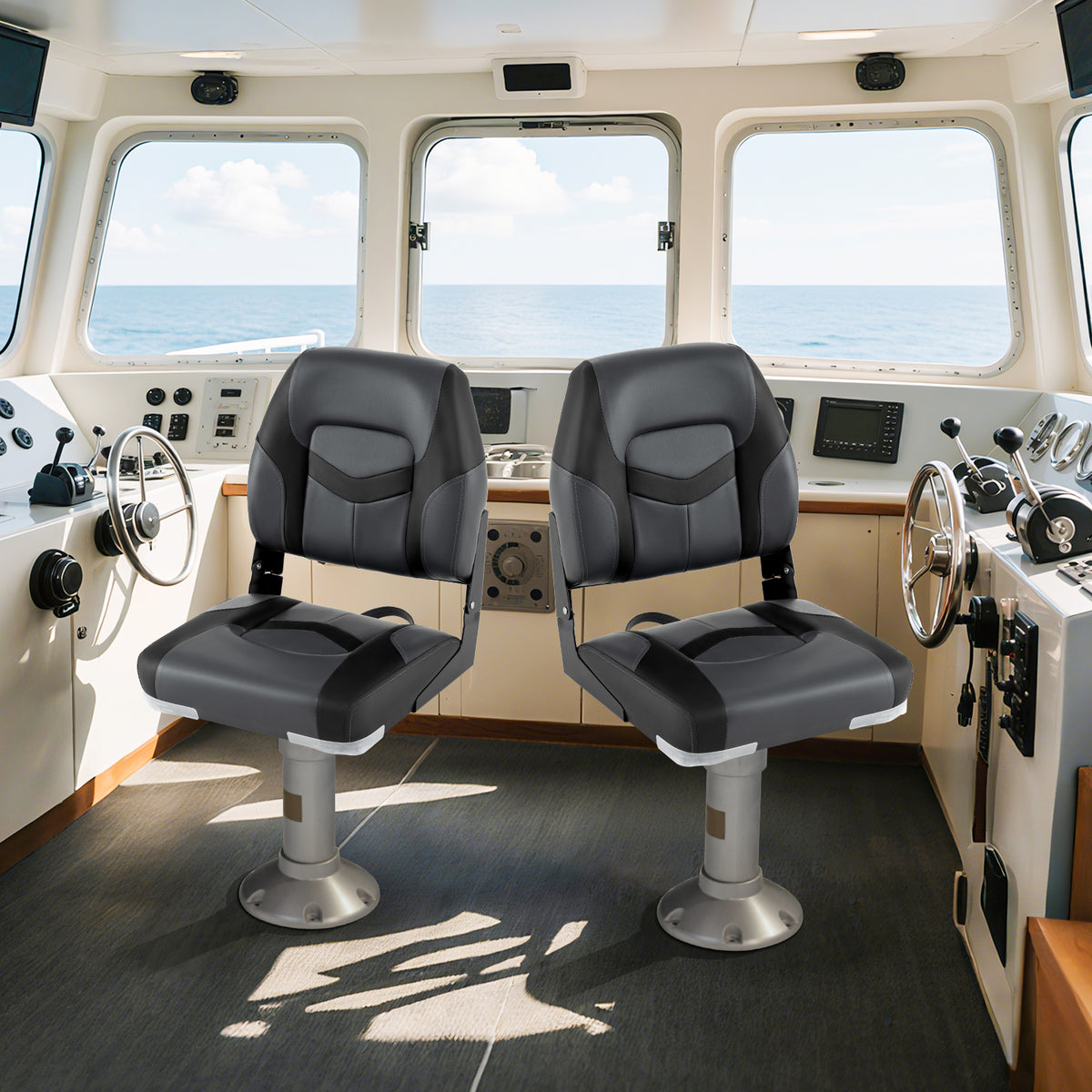 Boat Seat Set with Fixing Bolts and Hinges - Black, Weather-Resistant Cushioned Seating