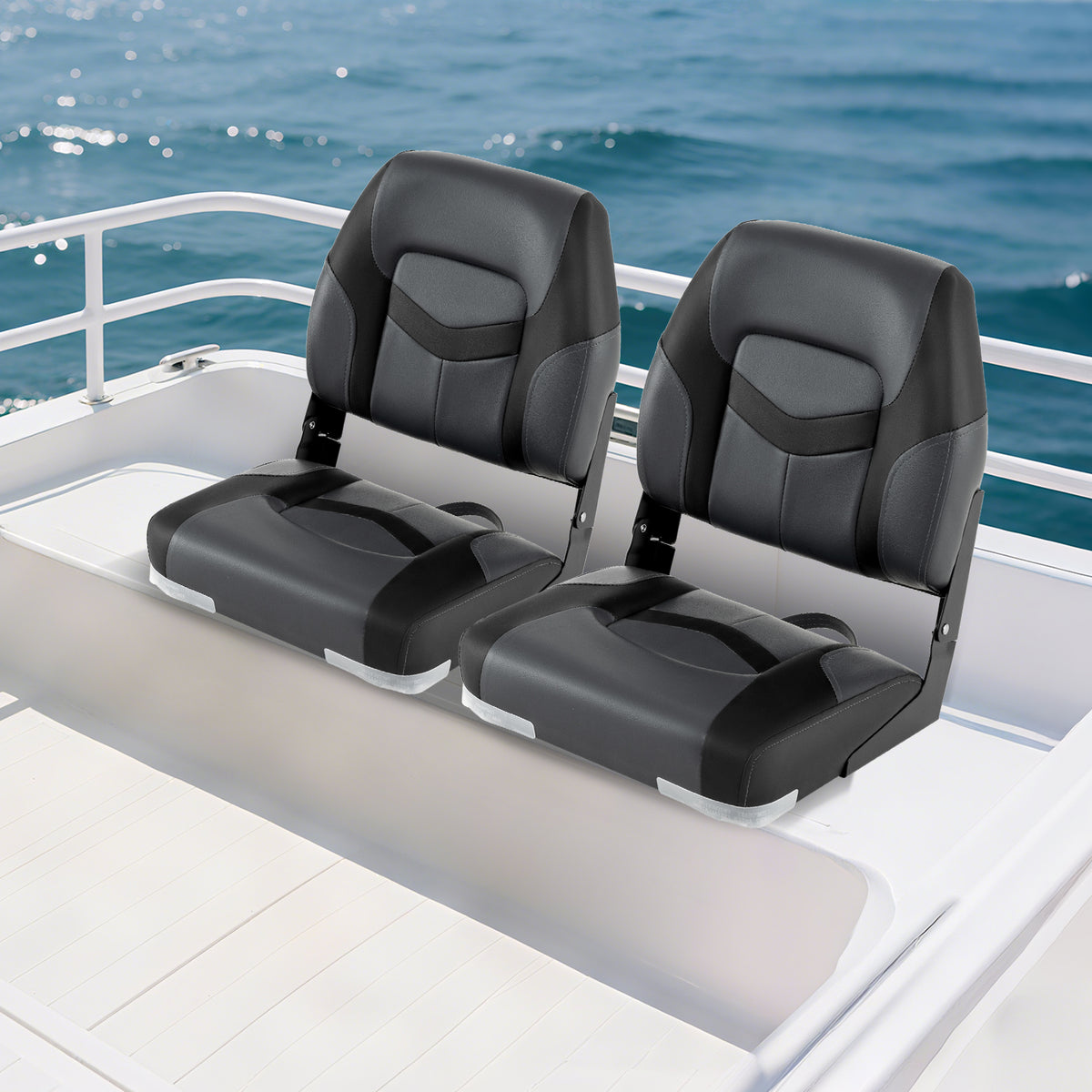 Boat Seat Set with Fixing Bolts and Hinges - Black, Weather-Resistant Cushioned Seating