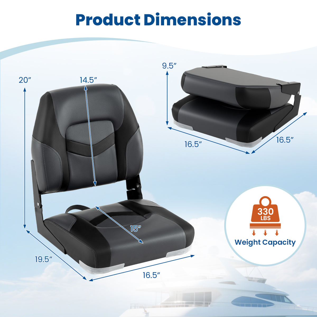 Boat Seat Set with Fixing Bolts and Hinges - Black, Weather-Resistant Cushioned Seating