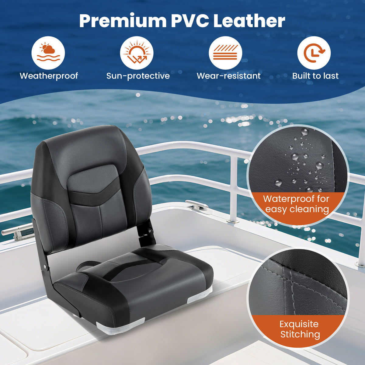 Boat Seat Set with Fixing Bolts and Hinges - Black, Weather-Resistant Cushioned Seating